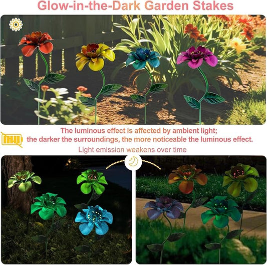 Glow-in-Dark Metal Flowers for Outside, 4 Pack Garden Stakes Waterproof, Angela Roses Yard Art, Decorative Garden Stakes for Lawn, Planters, Porch and Pathway