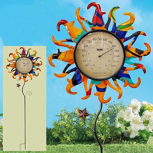 Metal Sun Thermometer Indoor Outdoor Ornament Wall Art Decor, Sun Plaque Sculpture Hanging Mounted for Living Room Bedroom Kitchen Patio for Home or Garden, No Battery Required (ORANGE SUN STAKE)