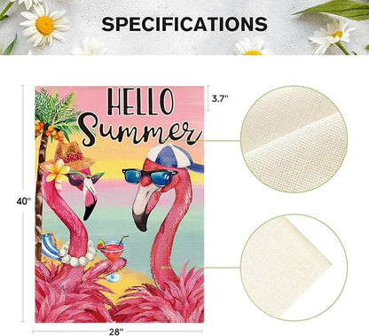 AVOIN colorlife Flamingo Hello Summer House Flag 28x40 Inch Double Sided, Welcome Seasonal Holiday Burlap Yard Outdoor Decoration