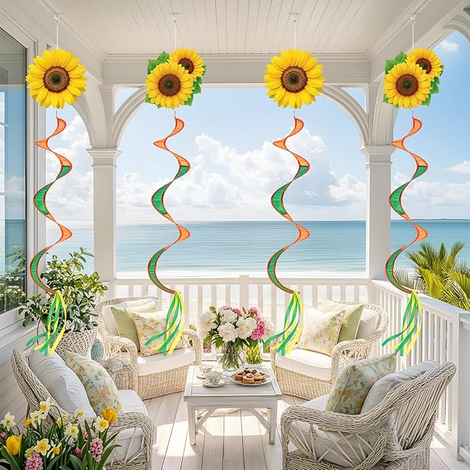 Gerrii 4 Pcs Spring Sunflower Windsock for Outside Sunflower Wind Spinner Hanging Decor Springtime Wind Twister Windmill for Yard Garden Patio Home Supply
