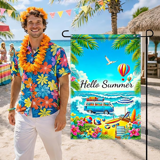 BlissYard Hello Summer Beach Garden Flag 12x18 Double Sided Vertical Outdoor Decor Van Surf Ocean Tropical Yard Garden Lawn Banner Coastal Seasonal Display