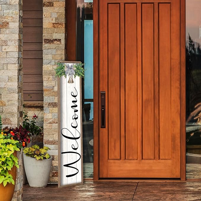 flowtorely Outdoor Welcome Sign for Front Porch Standing 45"×9" Vertical Leaner Wood Frame Tall Outside Rustic Large farmhouse Home Decor Welcome Sign for Front Door Decorations (Wood White)
