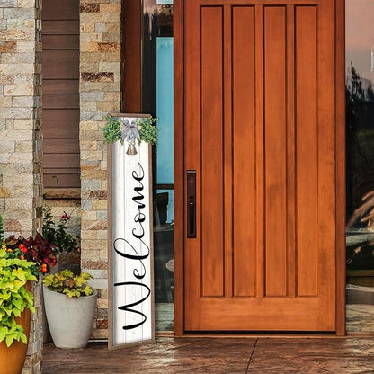 flowtorely Outdoor Welcome Sign for Front Porch Standing 45"×9" Vertical Leaner Wood Frame Tall Outside Rustic Large farmhouse Home Decor Welcome Sign for Front Door Decorations (Wood White)