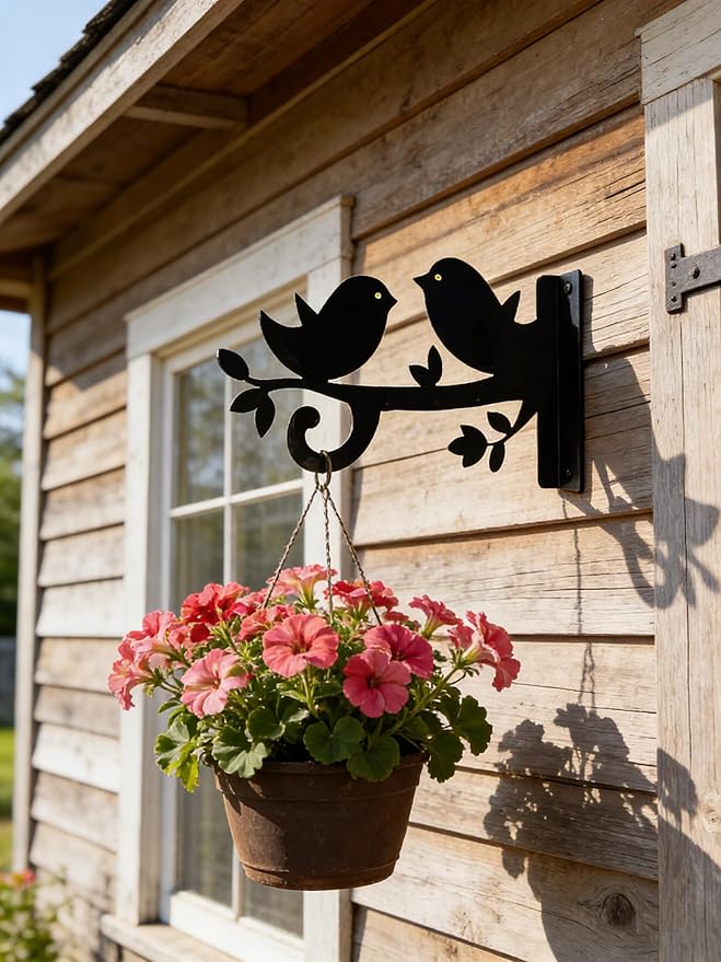 Iron Plant Hangers Hooks for Outdoor -10inch Hanging Plants Flower Fern Pots Lantern Bird Feeder Wind Chimes for Porch Garden Farmhouse (Two Little Birds were Playing on the Branch)