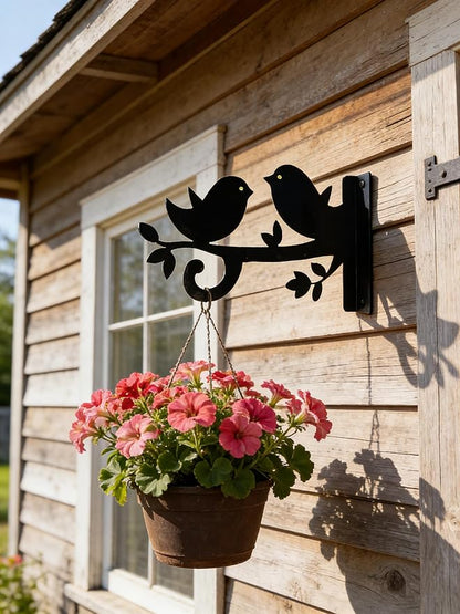 Iron Plant Hangers Hooks for Outdoor -10inch Hanging Plants Flower Fern Pots Lantern Bird Feeder Wind Chimes for Porch Garden Farmhouse (Two Little Birds were Playing on the Branch)