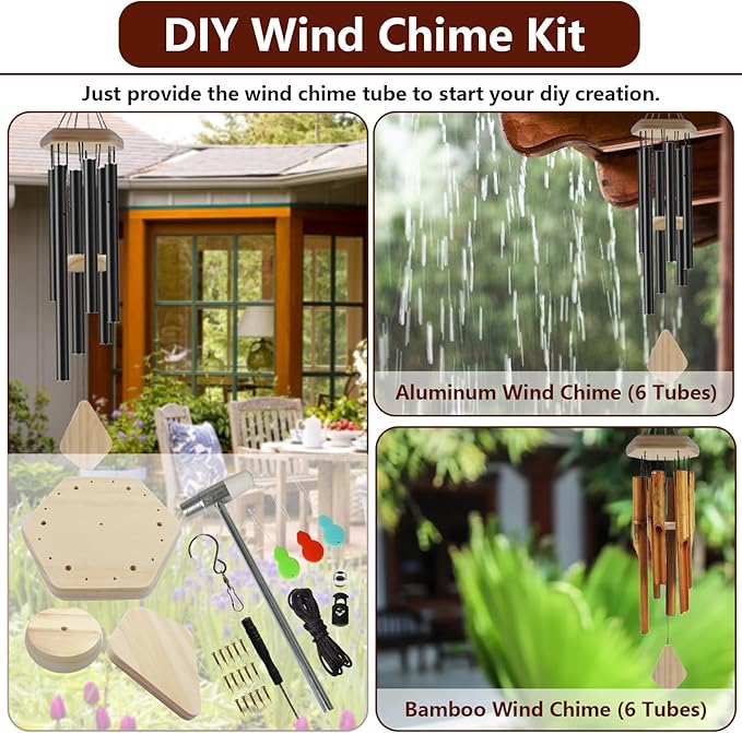 Wind Chime Kit 28 PCS Wind Chime Replacement Parts Including Hexagon Top, Clapper, Wind Catcher, 19.6FT Nylon Cord, DIY Wood Windchime Supplies (Wood)