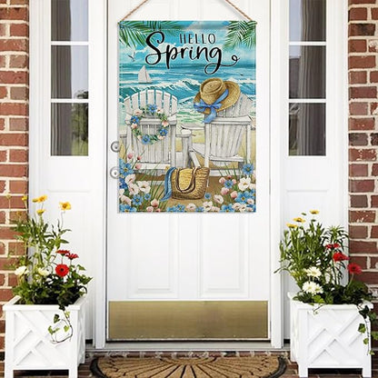 Hzppyz Hello Spring Chairs House Flag Double Sided, Forget Me Not Flower Coastal Beach Decorative Garden Yard Outdoor Large Decor, Nautical Sailboat Bag Hat Burlap Home Outside Decoration 28 x 40