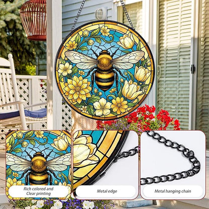 Rngmsi Bee Stained Glass Window Hanging, 7.8″ Flower Sun Catchers with Hook Indoor Window Decor, Decorative Suncatchers Hanging Ornaments Home Garden Art Gift for Housewarming