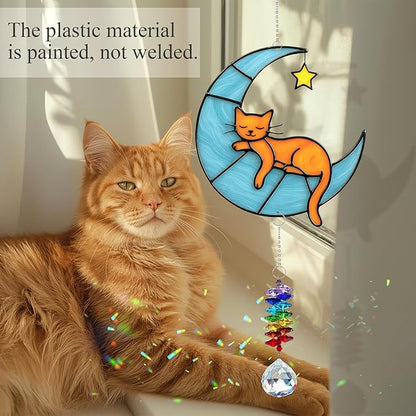 Orange Cat Suncatcher – Cute Orange Cats Hanging on Crescent Moon – Tabby Cat Gifts for Women, Home Window or Garden Decor
