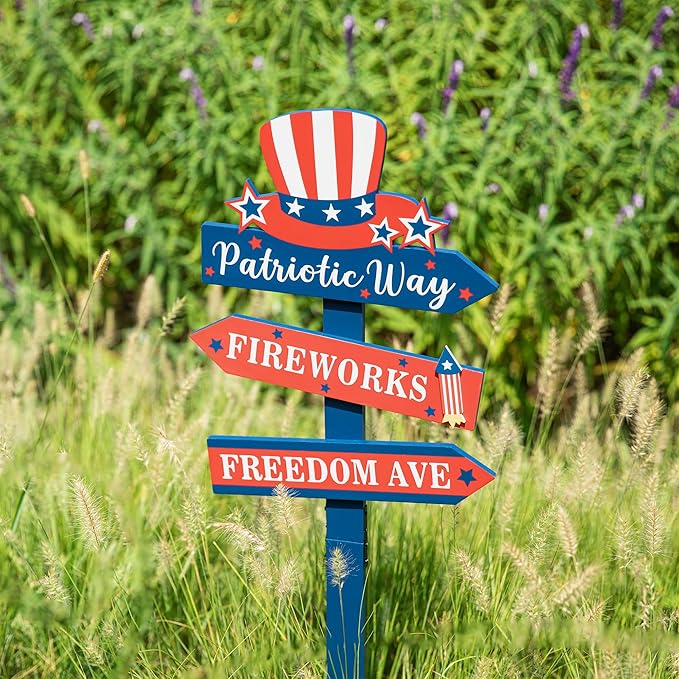Glitzhome 36" H Patriotic Yard Stake,American Wooden Top Hat Word Sign Yard Stake 4th July Garden Yard Welcome Signs Independence Day Indoor Outdoor Decorations
