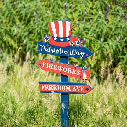 Glitzhome 36" H Patriotic Yard Stake,American Wooden Top Hat Word Sign Yard Stake 4th July Garden Yard Welcome Signs Independence Day Indoor Outdoor Decorations