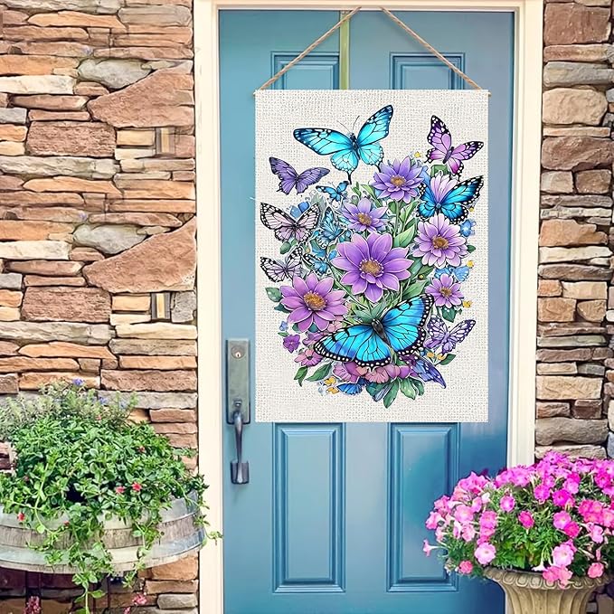 Spring Summer House Flag 28x40 Double Sided, Butterfly Floral Flower Large Garden Flags for Outside Holiday Seasonal Yard Decorations for Home