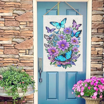 Spring Summer House Flag 28x40 Double Sided, Butterfly Floral Flower Large Garden Flags for Outside Holiday Seasonal Yard Decorations for Home
