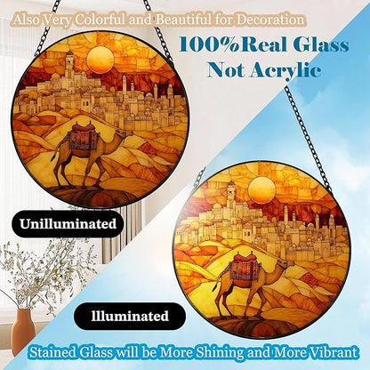 Stained Glass Suncatcher Yellow Desert Camel Handmade Window Hangings Colored Glass Suncatcher Crafts Kits for Indoor Garden Christmas Home Decor 6.3 in