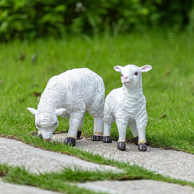 Garden Lamb Statue, White Resin Outdoor Sheep Sculpture, 9x6.3x3.5 Inches Ornament Decor for Yard Patio Landscaping Decor