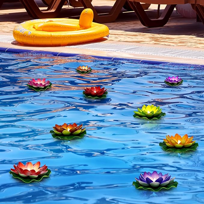Waterproof Floating Lotus Light, 12PCS Floating Lily Light Water Activated 5 Inch Artificial Flowers Battery Operated for Wedding Pool Anniversary Garden Decoration(Mix-Color)