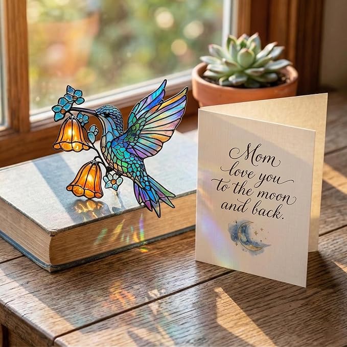 Hummingbird with Flowers Handmade Resin Suncatchers, Artisan Suncatcher Stained Glass Effect Hummingbird Ornaments Window Hanging Garden Decor, Gifts for Mother's Day, Mom, Grandma, Wife, Women