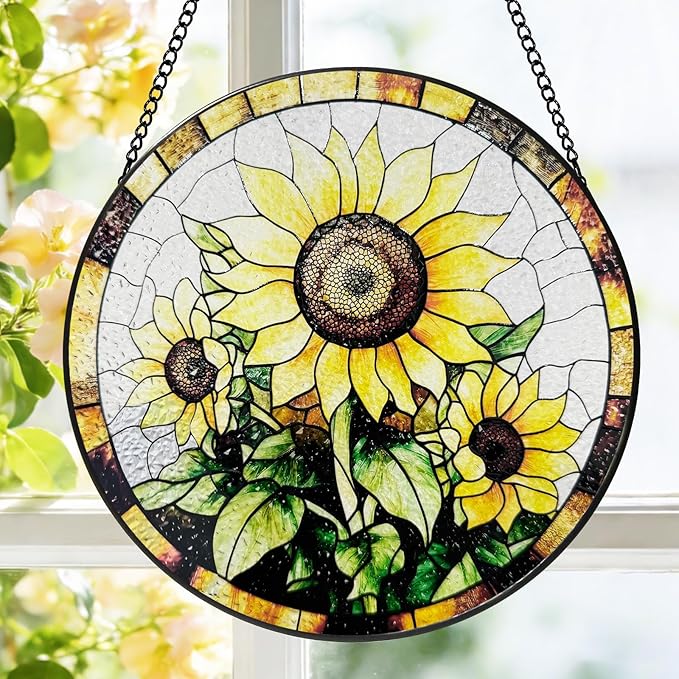 Stained Glass Window Hanging, 8 Inch Sunflower Suncatcher, Sun Catchers Indoor Window, Suncatchers for Windows Hanging, Spring Home Garden Decor Panel Mothers Day Birthday Gifts for Mom Grandma Friend