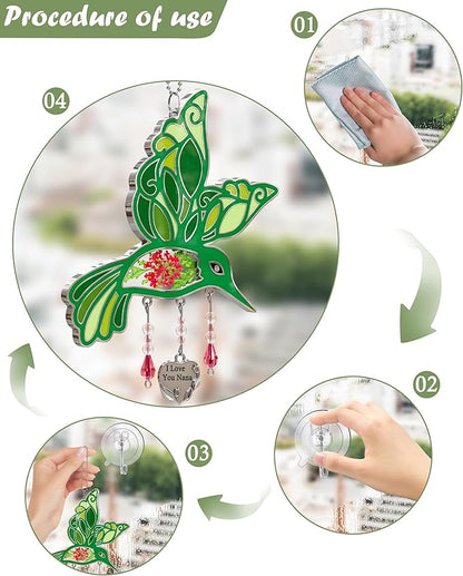 KY&BOSAM I Love You Nana Hummingbird Suncatcher Glass Suncatchers for Windows Hanging Ornament Wind Chime Pressed Drived Flowers and Metal Heart Charm Birthday Gifts for Nana Mothers Day Christmas