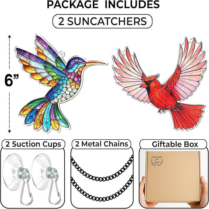 2 Cardinal Hummingbird Acrylic Suncatchers, 6" Bird Window Hanging Ornaments, Fall Decorations for Home Window Door, Birthday Christmas Bird Lover Gifts for Women, Friends, Memorial Keepsake SS351