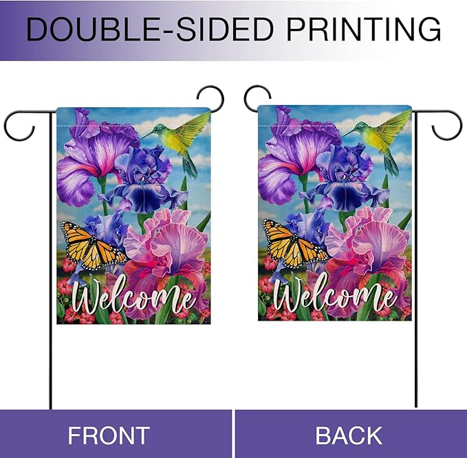 Hzppyz Welcome Spring Hummingbird Iris Garden Flag Double Sided, Purple Flower Bird Yellow Butterfly Decorative House Yard Outdoor Small Decor, Summer Floral Arrangement Home Outside Decoration 12x18