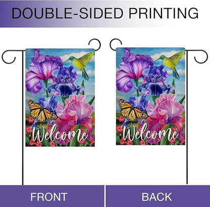 Hzppyz Welcome Spring Hummingbird Iris Garden Flag Double Sided, Purple Flower Bird Yellow Butterfly Decorative House Yard Outdoor Small Decor, Summer Floral Arrangement Home Outside Decoration 12x18