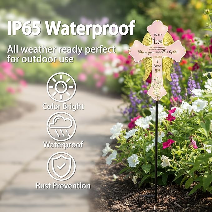 Solar Cross Lights with Angel Wings, Pink and Gold Memorial Grave Decorations, When You See This Light Remember I Love You Sentiment, Cemetery Tombstone Garden Stake with Ground Stake
