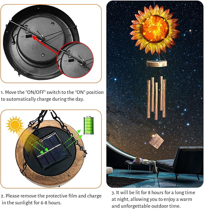 Solar Wind Chimes for Outside, 39.4" Sunflower Wind Chimes Outdoor Solar Lights Waterproof Hanging Garden Decorative Sunflower Lights for Yard Patio Memorial Gift