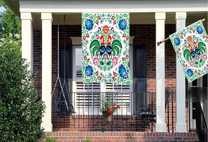 Mugod Rooster House Flag 28 x 40 Vertical Double Sided, Polish Floral Folk Art Colorful Flowers Leaves Farmhouse Holiday Outside Decorations Large Burlap Yard Flag