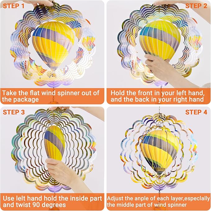 J-Fly Hanging Decor Outdoor,Outdoor Garden Decor，Wind Spinners Outdoor Colorful Hot Air Balloon Hanging Decor,Ornaments Kinetic Yard Art, Valentine Gifts for Women-Yellowish Gray Hot Air Balloon