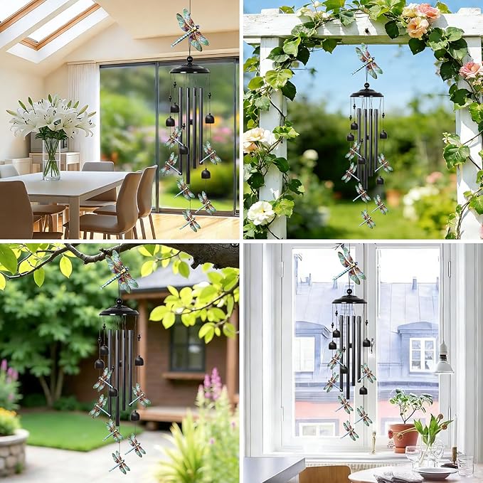 Dragonfly Wind Chimes Outdoor with 4 Aluminum Tubes 36" Decorative Dragonfly Gifts for Women Rustic Design Hanging Wind Chime for Outside with Ring Home Decor for Garden Patio Yard Window