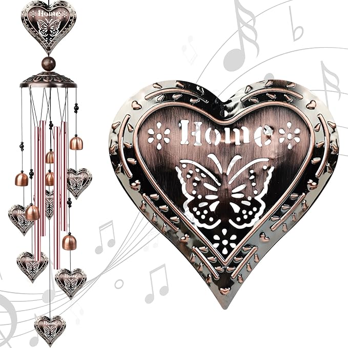 Outdoor Heart-Shaped Wind Chimes, Romantic Valentine's Day Decor with 4 Heart Pendants and Bells, Valentines Day Gifts, Decorative Copper Windchimes, Birthday Gifts for Her, Mom, Grandma