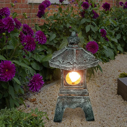 13 Inch Solar Pagoda Lantern Outdoor Statue, Pagoda Sculpture with Solar Lotus Light Asian Decor Zen Garden Art Japanese Temple Pagoda Lamp for Patio Yard Lawn Home Decorations Ornament Gift