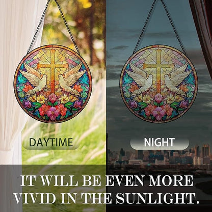 Christian Cross Wildflowers Suncatcher Stained Glass Window Hanging, Christian Flower Sun Catchers Indoor Window Glass Round Wall Decor, Religious Cross Wall Art Hanging Decorations, ＂7.8x7.8＂