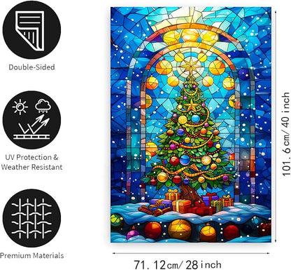 Stained Glass Christmas Tree Garden Flag Merry Xmas House Flags 28x40 Double Sided Welcome New Year Outdoor Flag Happy Holidays Flag Large Winter Yard Flag for Outside Lawn Decor