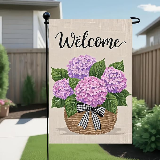 BlissYard Hello Spring Garden Flag Double Sided 12x18 Inch Hydrangea Basket Seasonal Welcome Small Flags For Outside Outdoor Decor Yard Farmhouse Holiday Spring Summer Decorations Yard Flags