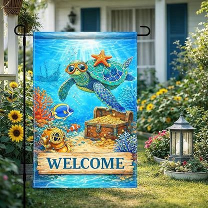 BlissYard Ocean Sea Turtle Welcome Garden Flag 12x18 Double Sided Vertical Outdoor Coastal Decor Underwater Coral Reef Yard Garden Lawn Patio Nautical Summer Banner