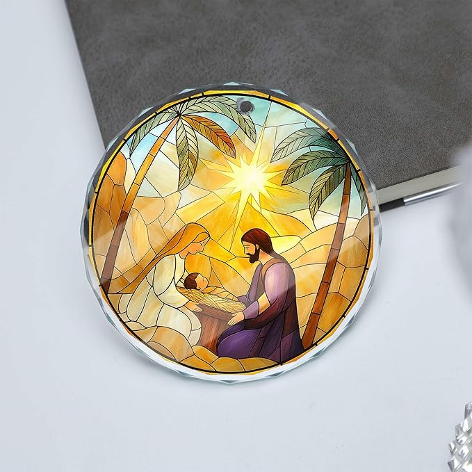 Nativity Stained Glass Ornament 2025 - Holy Family Christmas Tree Ornament, Glass Sun Catcher Window Hanging, Religious Christian Catholic Gift, Manger Scene with Bethlehem Star Keepsake(L-8)