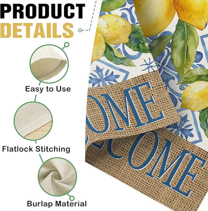 Dyrenson Welcome Italian Capri Blue Lemon Decorative Garden Flag, Amalfi Coast Citrus Italy Tile Pattern Yard Outside Home Decoration, Summer Mediterranean Outdoor Small Decor Double Sided 12 x 18