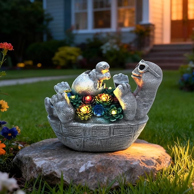 Solar Garden Statue Light, 8inch Cute Turtle with Baby Outdoor Decor for Patio, Lawn, Yard, Pathway, Housewarming Birthday Gifts for Dad, Mom, Grandma,Women (Grey Turtle)