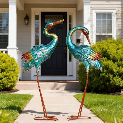 Natelf Crane Statues for Garden Decor, Blue Heron Sculptures, Metal Large Birds Lawn Sculptures & Statue for Patio Pond, Yard Decorations, Set of 2