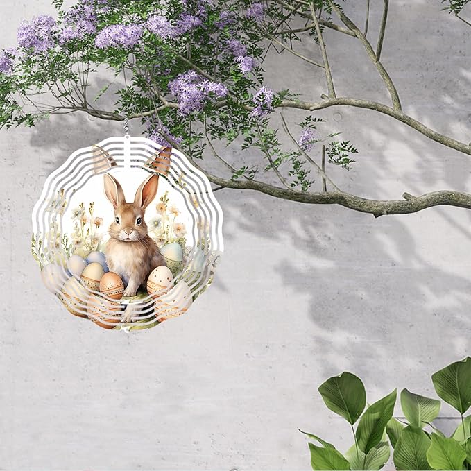 Easter Bunny Wind Spinner Easter Day Gifts 3D Metal Kinetic Hanging Wind Sculpture Spinners for Yard and Garden Indoor Outdoor Window Easter Rabbit Yard Art Garden Decoration 8 Inch (Bunny 1)