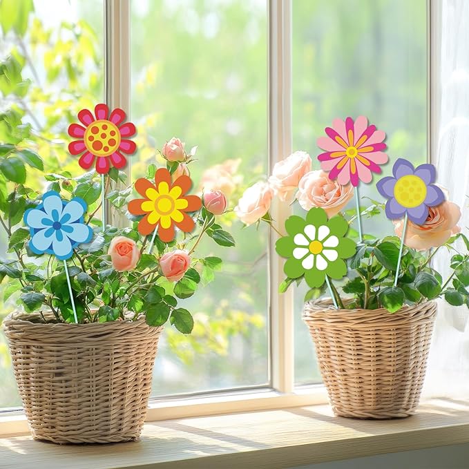 Cinrobiye 12Pcs Spring Floral Flower Planter Stakes Tulip Daisy Pot Signs 5.9Inches Colorful Floral Garden Stake Outdoor Lawn for Spring Party Patio Yard Outside Greetings Home Farmhouse Decor