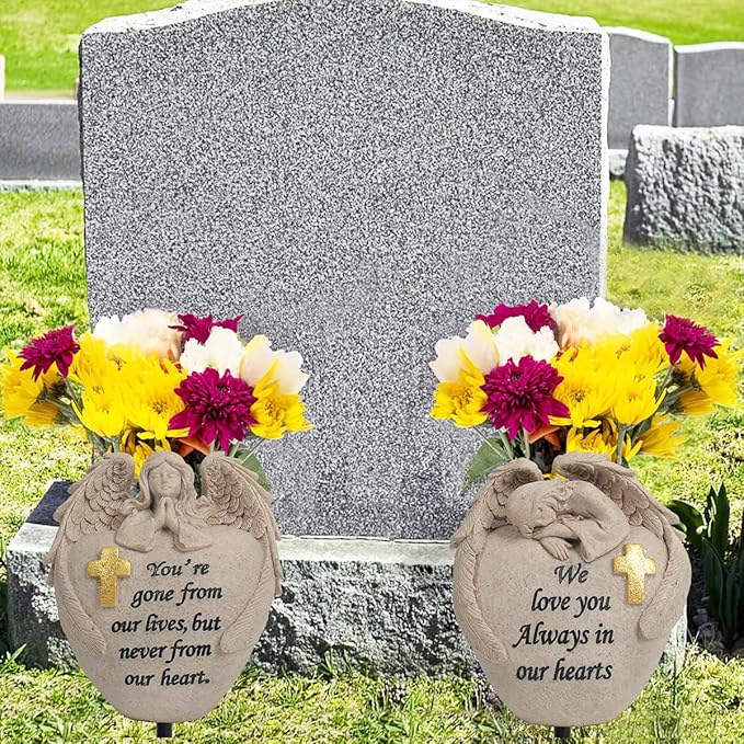 Angel and Cross Cemetery Cemetery Memorial Vase, Cemetery Flower Grave,2-Piece Angel Cemetery vase with Iron Spikes,Garden Decoration， Memorial Gift for Lost Love (3 Granite)