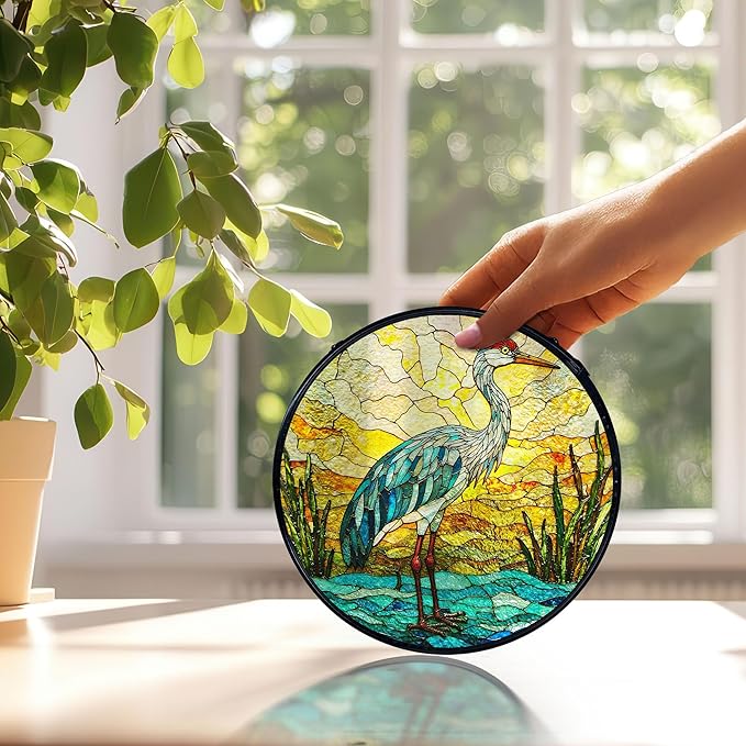 Beach Ocean Blue Heron Suncatchers Stained Glass Window Hanging, Coastal Ocean Sun Catchers Indoor Window Glass Round Wall Decor, Beachy Wall Hanging Decorations, 7.9x7.9in