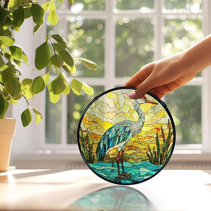 Beach Ocean Blue Heron Suncatchers Stained Glass Window Hanging, Coastal Ocean Sun Catchers Indoor Window Glass Round Wall Decor, Beachy Wall Hanging Decorations, 7.9x7.9in
