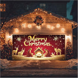 HOMETITUTE Christmas Garage Door Banner 13x6ft Holiday Decoration with Gold Figures Baby Jesus and Mary Red Background Snowflakes Deer Sheep Festive Outdoor Indoor Backdrop