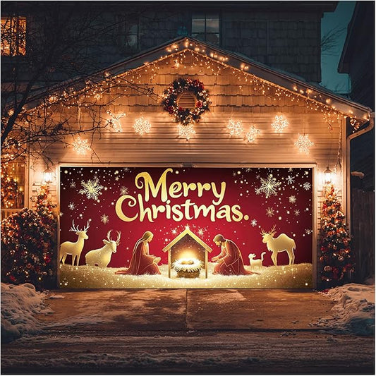 HOMETITUTE Christmas Garage Door Banner 13x6ft Holiday Decoration with Gold Figures Baby Jesus and Mary Red Background Snowflakes Deer Sheep Festive Outdoor Indoor Backdrop