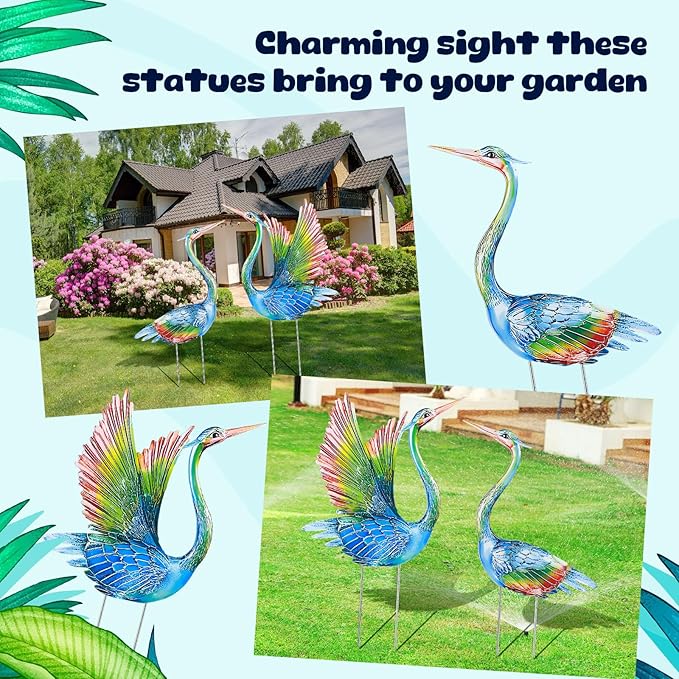 Suzile 2 Pack Garden Crane Statues Outdoor Heron Garden Animal Sculpture Metal Large Birds Lawn Sculptures and Statues for Patio Pond Patio Porch Outside Decorations