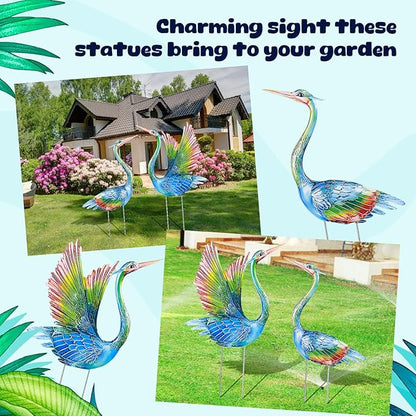 Suzile 2 Pack Garden Crane Statues Outdoor Heron Garden Animal Sculpture Metal Large Birds Lawn Sculptures and Statues for Patio Pond Patio Porch Outside Decorations